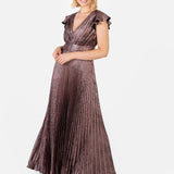 Maya Metallic Flutter Sleeve V Neck Pleated Maxi Dress