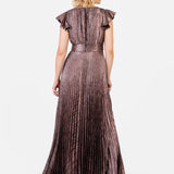 Maya Metallic Flutter Sleeve V Neck Pleated Maxi Dress