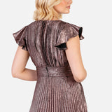 Maya Metallic Flutter Sleeve V Neck Pleated Maxi Dress