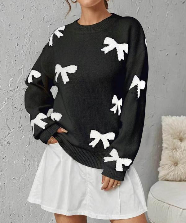 FRANCES™ - Fashionable Bow Print O-Neck Knit Winter Sweater Pullover
