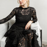 Maya Black Lace High Neck Long Sleeve Ruffle Midaxi Dress