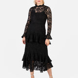 Maya Black Lace High Neck Long Sleeve Ruffle Midaxi Dress