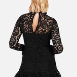 Maya Black Lace High Neck Long Sleeve Ruffle Midaxi Dress
