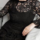 Maya Black Lace High Neck Long Sleeve Ruffle Midaxi Dress