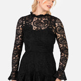 Maya Black Lace High Neck Long Sleeve Ruffle Midaxi Dress