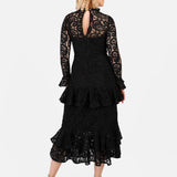 Maya Black Lace High Neck Long Sleeve Ruffle Midaxi Dress