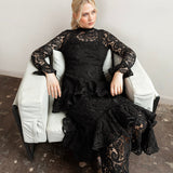 Maya Black Lace High Neck Long Sleeve Ruffle Midaxi Dress
