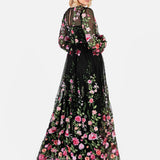 Maya Floral Embroidered Blouson Sleeve Maxi Dress