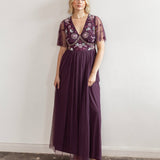 Maya Berry Floral Embellished Spot Mesh Maxi Dress