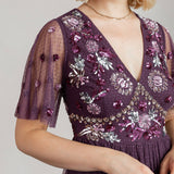 Maya Berry Floral Embellished Spot Mesh Maxi Dress