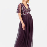 Maya Berry Floral Embellished Spot Mesh Maxi Dress