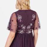 Maya Berry Floral Embellished Spot Mesh Maxi Dress
