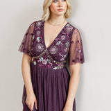 Maya Berry Floral Embellished Spot Mesh Maxi Dress