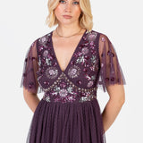 Maya Berry Floral Embellished Spot Mesh Maxi Dress