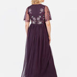 Maya Berry Floral Embellished Spot Mesh Maxi Dress