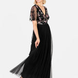 Maya Black Floral Embellished Spot Mesh Maxi Dress