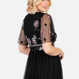 Maya Black Floral Embellished Spot Mesh Maxi Dress