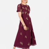 Maya Cranberry Short Sleeve & Open Back Embellished Midi Dress