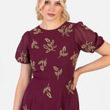 Maya Cranberry Short Sleeve & Open Back Embellished Midi Dress