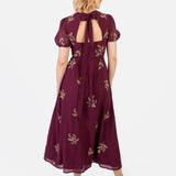 Maya Cranberry Short Sleeve & Open Back Embellished Midi Dress