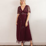 Maya Cranberry Embellished Angel Sleeve & Open Back Midaxi Dress
