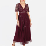 Maya Cranberry Embellished Angel Sleeve & Open Back Midaxi Dress