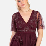 Maya Cranberry Embellished Angel Sleeve & Open Back Midaxi Dress