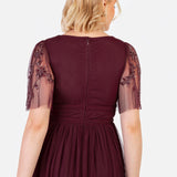 Maya Cranberry Embellished Angel Sleeve & Open Back Midaxi Dress