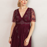 Maya Cranberry Embellished Angel Sleeve & Open Back Midaxi Dress