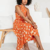 Maya Orange Floral Jacquard Halter Neck Tiered Midaxi Dress