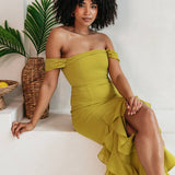 Anaya With Love Recycled Lime Bardot Maxi Dress with Ruffle Detail