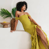 Anaya With Love Recycled Lime Bardot Maxi Dress with Ruffle Detail