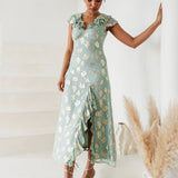 Maya Gold Floral Jacquard & Ruffle Detail Midi Dress