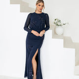 Maya Navy Floral Embroidered Long Sleeve Maxi Dress