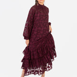 Anaya With Love Recycled Maroon Floral Burnout Long Sleeve Trapeze Midaxi Dress