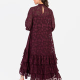 Anaya With Love Recycled Maroon Floral Burnout Long Sleeve Trapeze Midaxi Dress