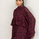 Anaya With Love Recycled Maroon Floral Burnout Flared Long Sleeve Shift Mini Dress