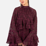Anaya With Love Recycled Maroon Floral Burnout Flared Long Sleeve Shift Mini Dress