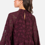 Anaya With Love Recycled Maroon Floral Burnout Flared Long Sleeve Shift Mini Dress