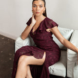 Anaya With Love Recycled Maroon Floral Burnout Maxi Dress with Ruffle Detail