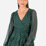 Anaya With Love Recycled Green Foil Chiffon Ruffle Mini Dress