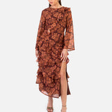 Anaya With Love Recycled Rust Floral Print Long Sleeve Ruffle Midaxi Dress