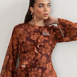 Anaya With Love Recycled Rust Floral Print Long Sleeve Ruffle Midaxi Dress