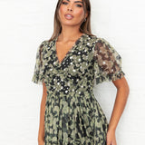 Anaya With Love Recycled Floral & Sequin V Neck Frill Maxi Dress