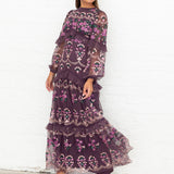Maya Berry Fully Embroidered Long Sleeve Maxi Dress with Frill Detail