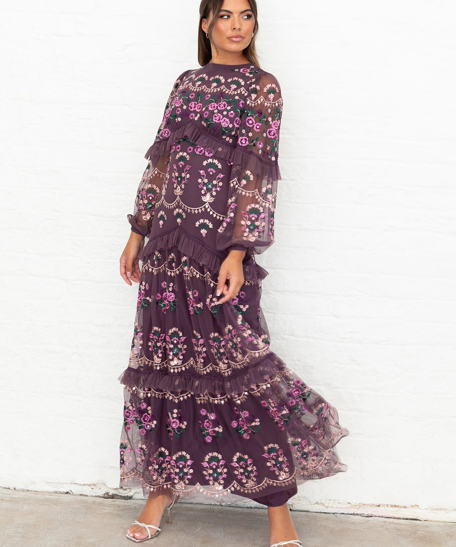 Maya Berry Fully Embroidered Long Sleeve Maxi Dress with Frill Detail