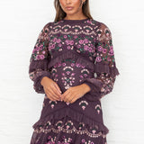Maya Berry Fully Embroidered Long Sleeve Maxi Dress with Frill Detail