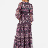 Maya Berry Fully Embroidered Long Sleeve Maxi Dress with Frill Detail