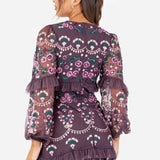 Maya Berry Fully Embroidered Long Sleeve Maxi Dress with Frill Detail