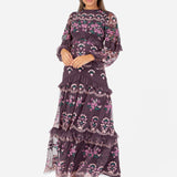 Maya Berry Fully Embroidered Long Sleeve Maxi Dress with Frill Detail